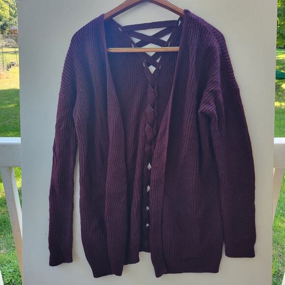 Hippie Rose Juniors Open-Front Lace-Up Cardigan in Artisan Wine, Size L - Picture 1 of 10